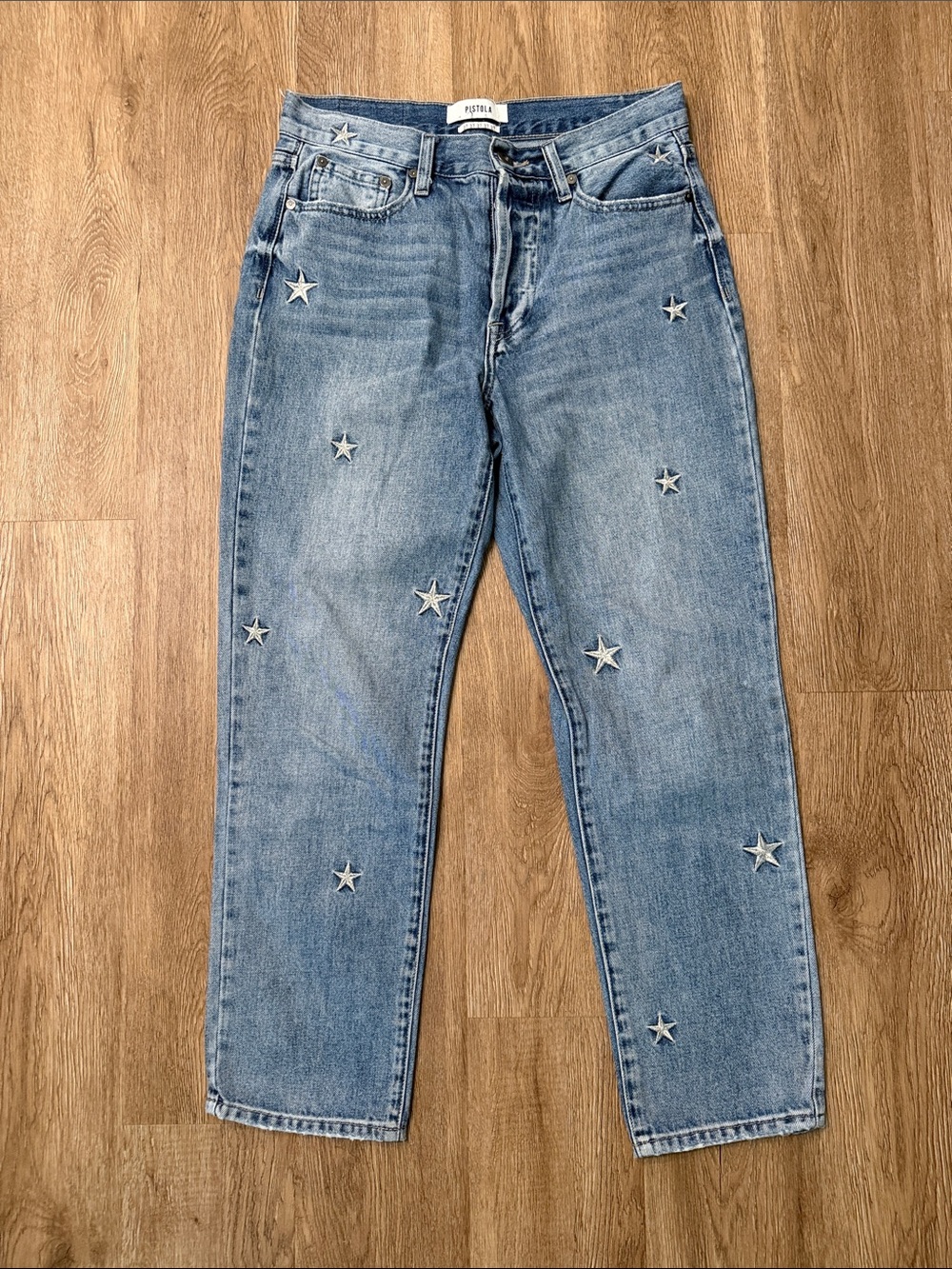 Pistola Star Embroidered Straight Leg Jeans 27 Blue Denim High Rise Grover